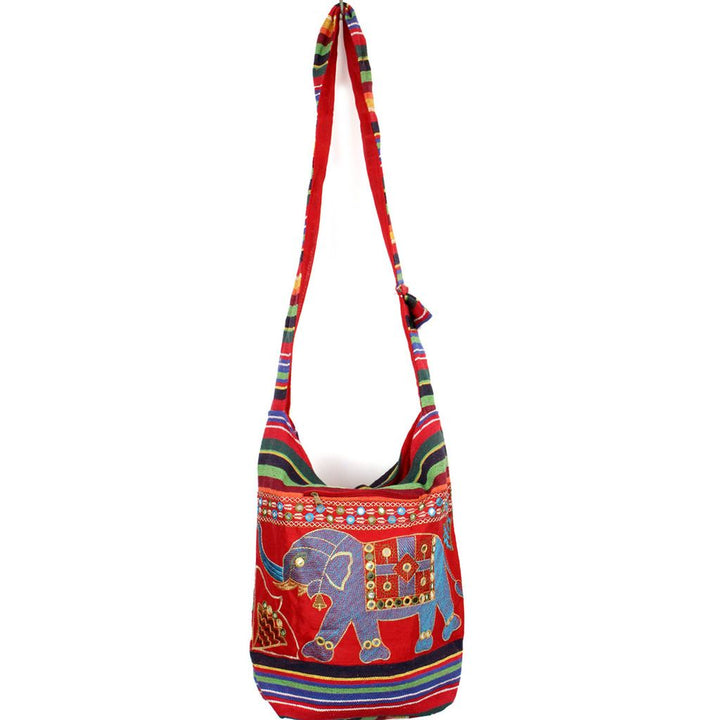 Embroidered Elephant Canvas Sling Shoulder Bag - Red