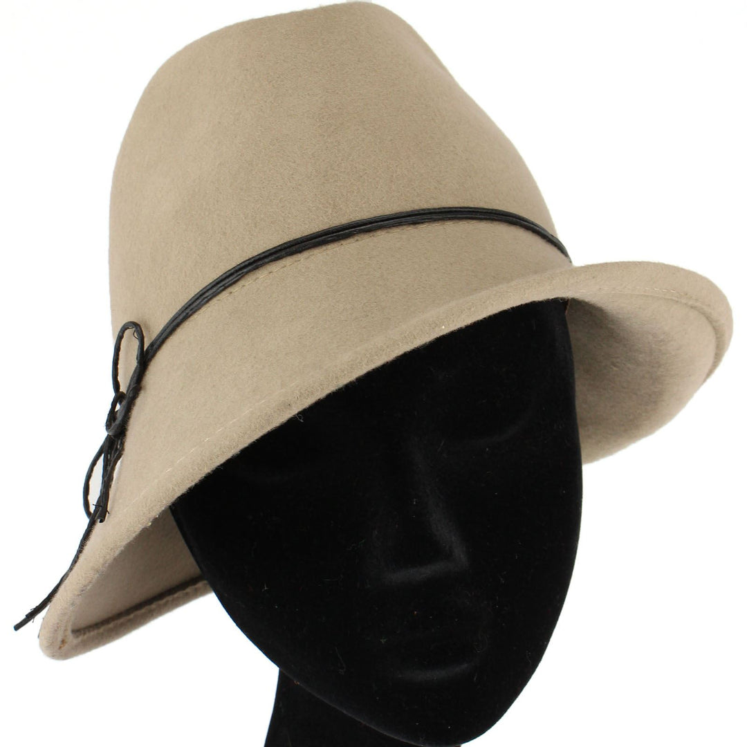 100% Wool felt asymmetric brim trilby hat with cord band - Beige (57cm)