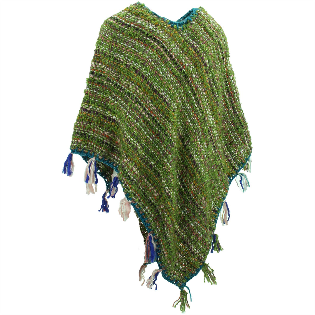 Stripe Crochet Poncho Long - Olive Green