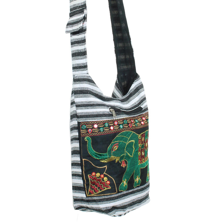 Embroidered Elephant Canvas Sling Shoulder Bag - Black White