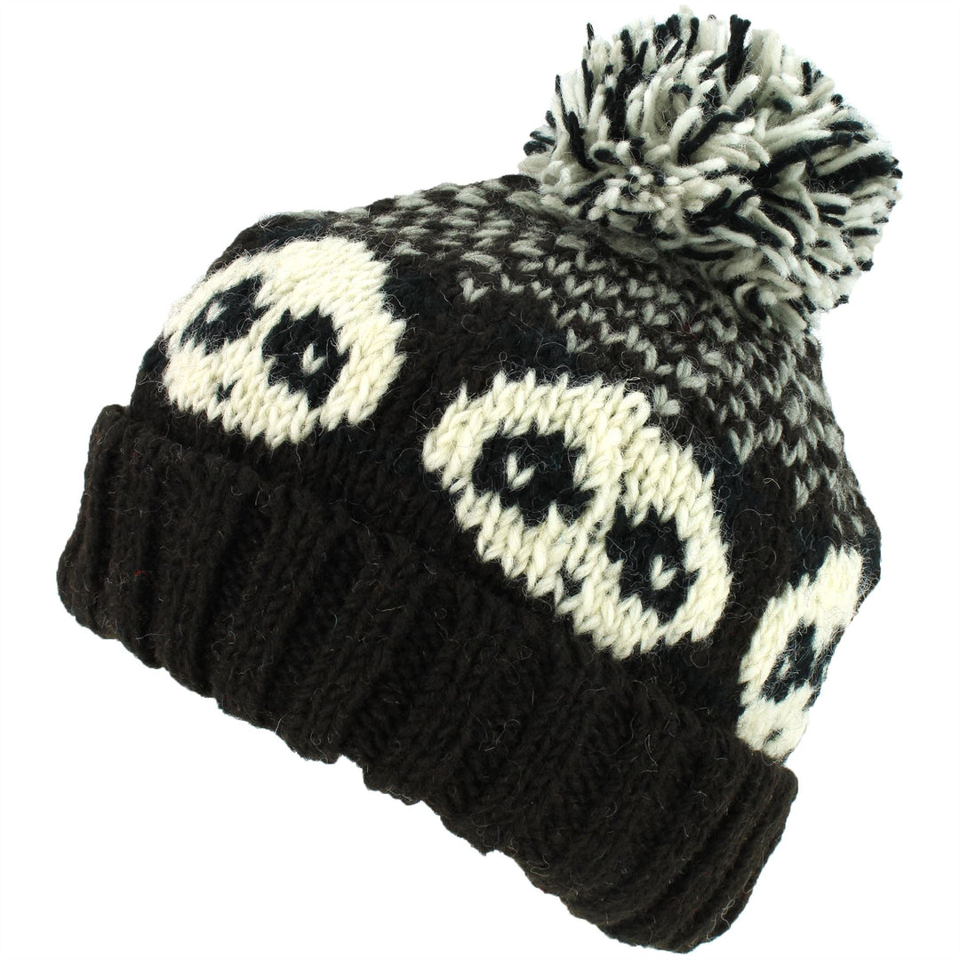 Wool Knit Bobble Beanie Hat - Panda - Brown Grey