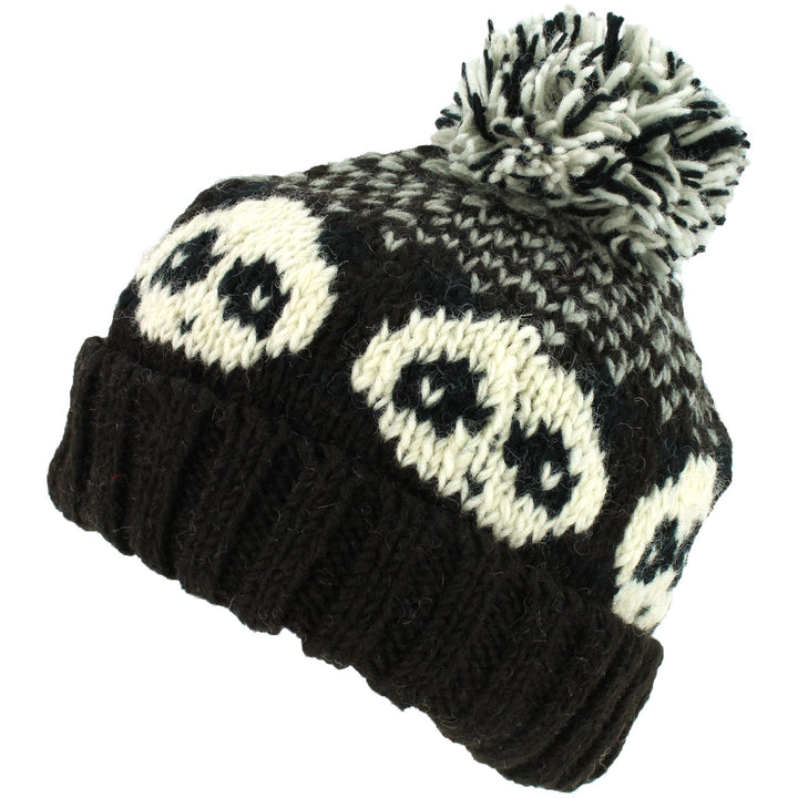 Wool Knit Bobble Beanie Hat - Panda - Brown Grey