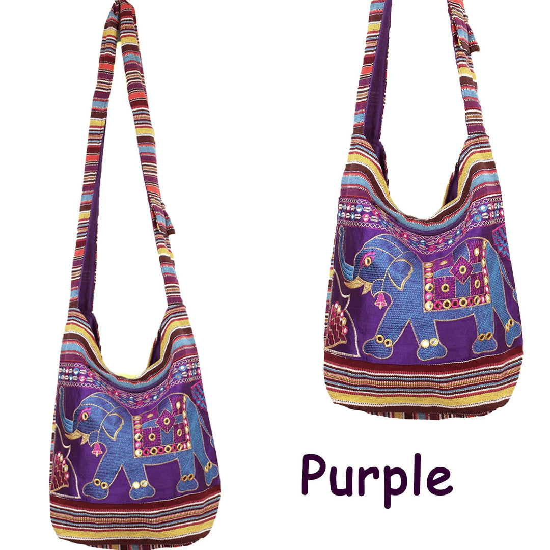 Embroidered Elephant Canvas Sling Shoulder Bag - Purple
