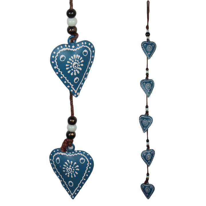 Hanging Mobile Decoration String of Hearts - Teal - Brown String
