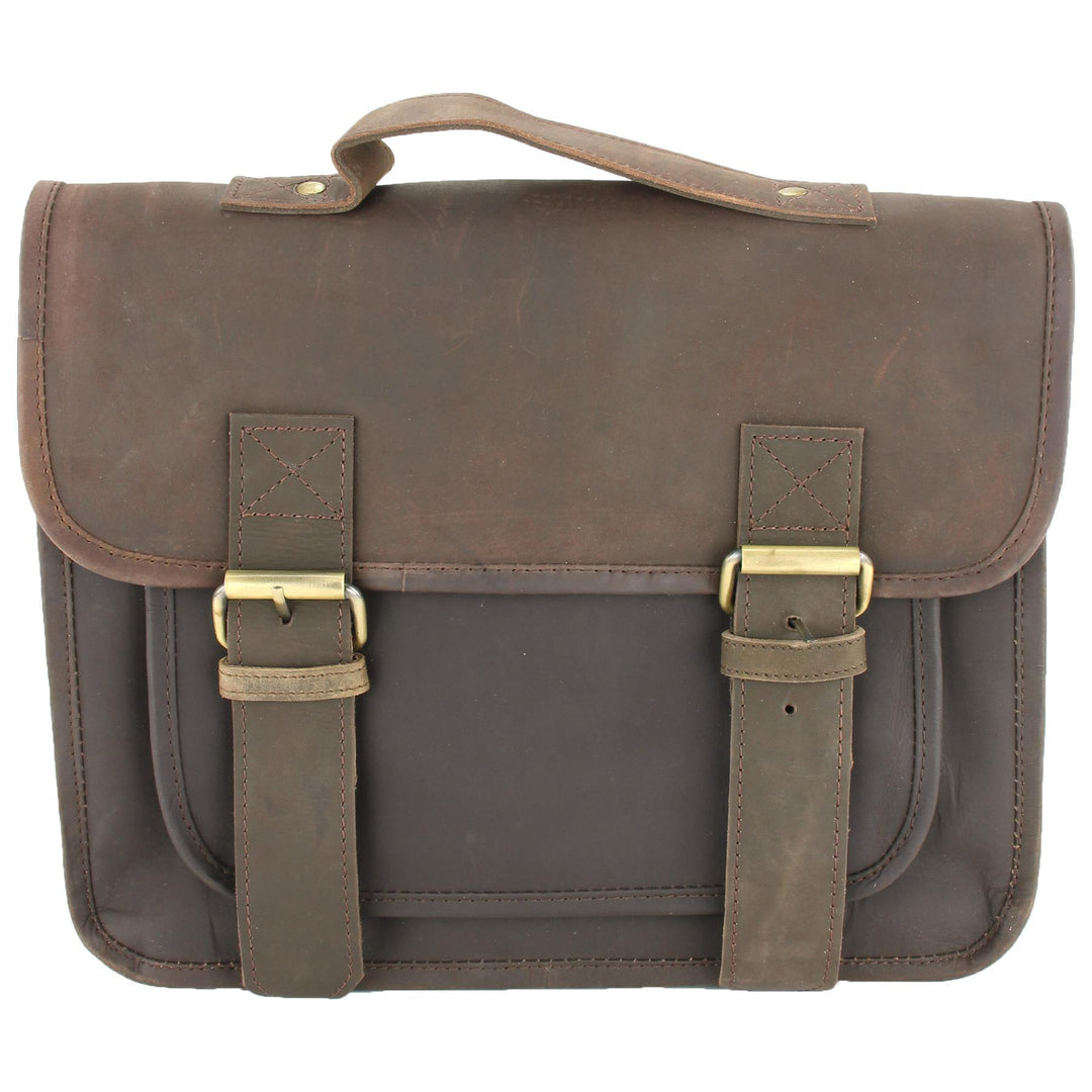 Real Leather Two Compartment Satchel - Dark Brown