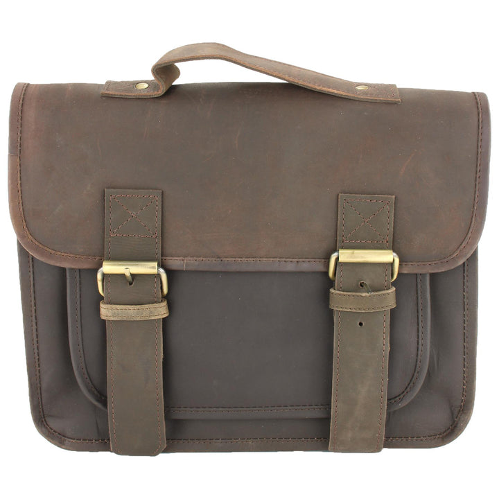 Real Leather Two Compartment Satchel - Dark Brown