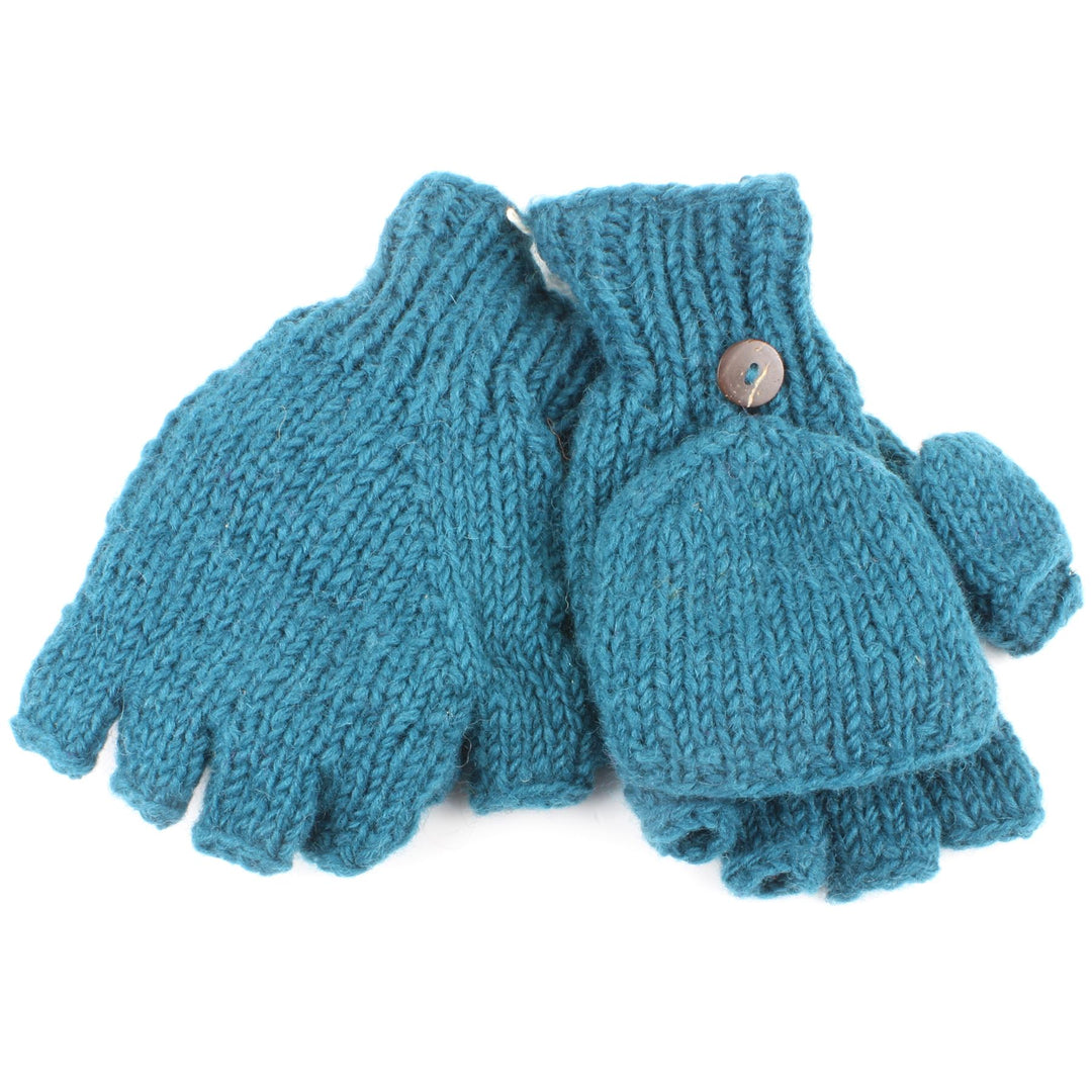Chunky Wool Knit Fingerless Shooter Gloves - Plain - Teal