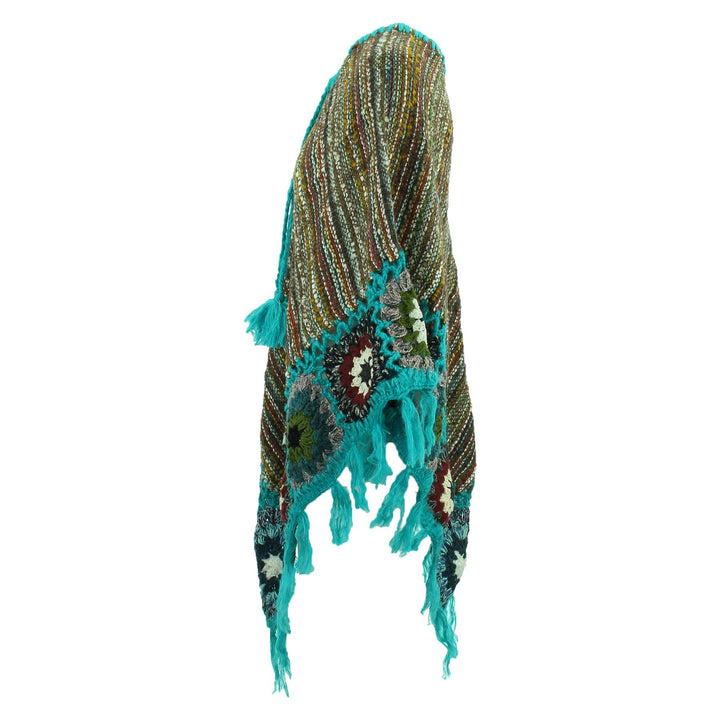 Granny Squares Crochet Poncho Long - Brown Multi/Turquoise