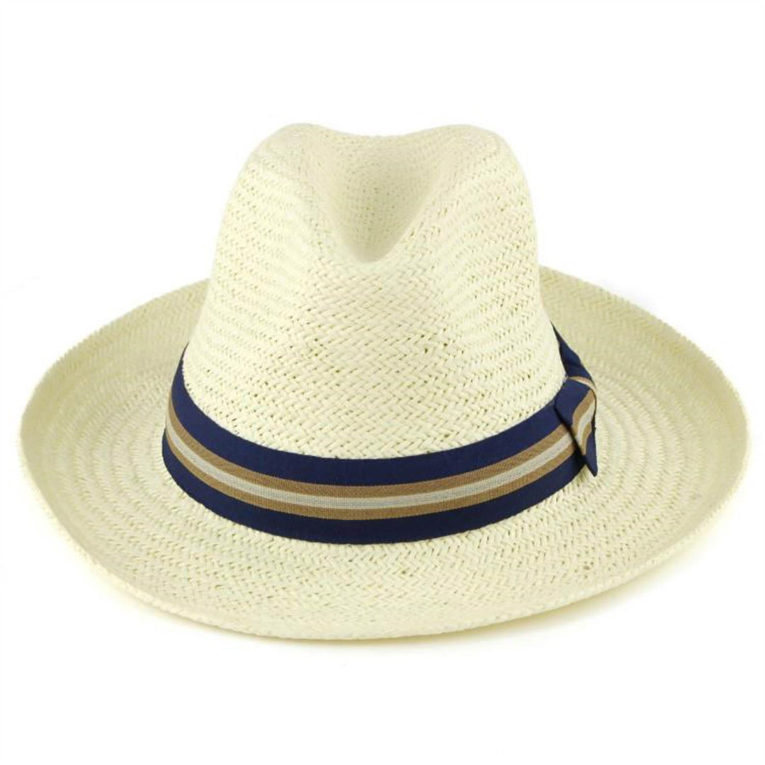Wide Brim Straw Panama Fedora Hat  - Blue & Brown