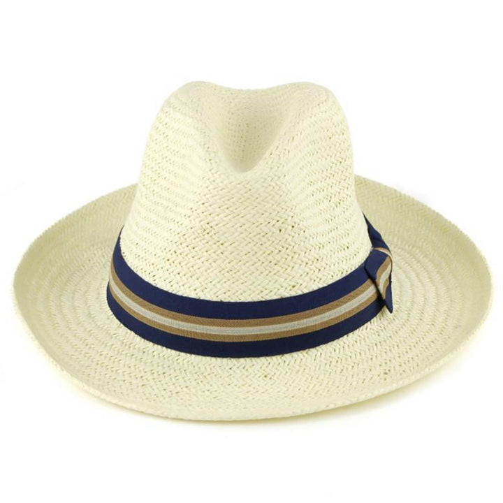 Wide Brim Straw Panama Fedora Hat  - Blue & Brown