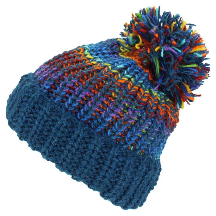 Wool Knit Beanie Bobble Hat - Blue Rainbow
