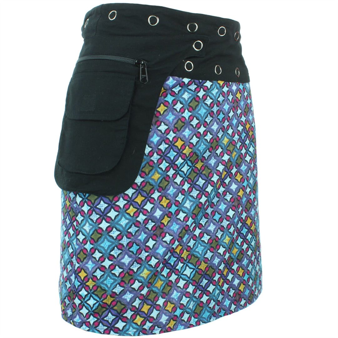 Reversible Popper Wrap Knee Length Skirt - Blue Patch Strips / Diamond Block