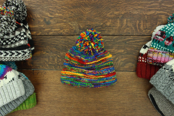 Chunky Wool Knit Beanie Bobble Hat - Stripe Rainbow