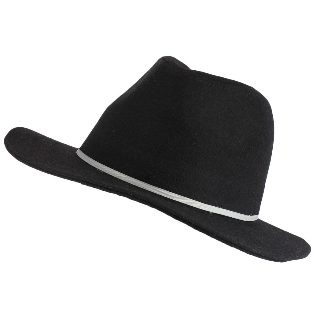 Wool fedora hat with flat brim and skinny contrast band - Black (57cm)