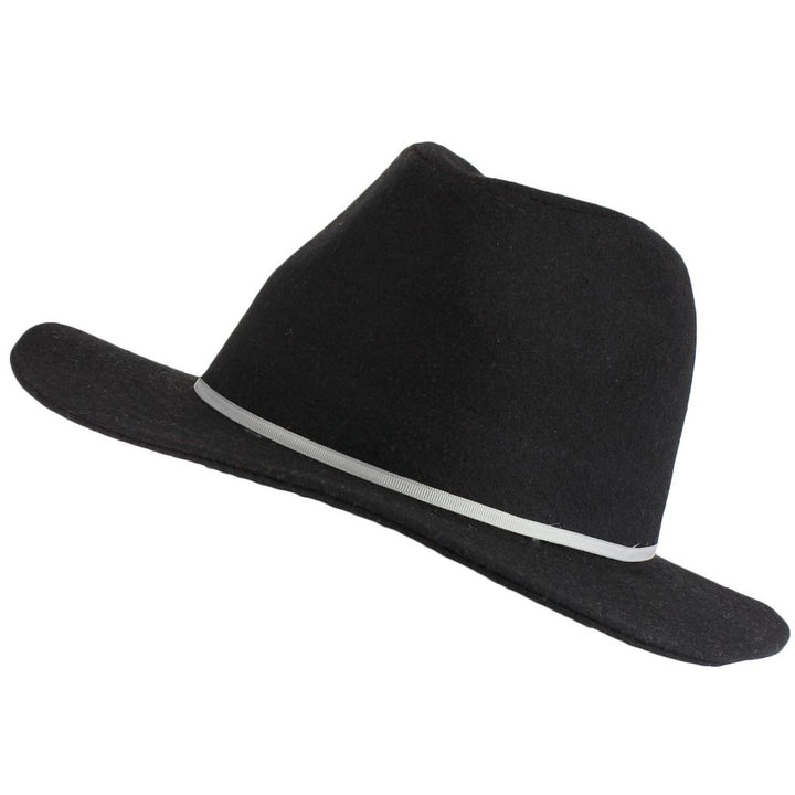Wool fedora hat with flat brim and skinny contrast band - Black (57cm)