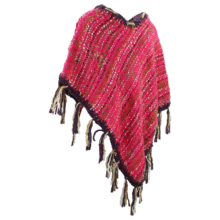 Stripe Crochet Poncho Long - Pink