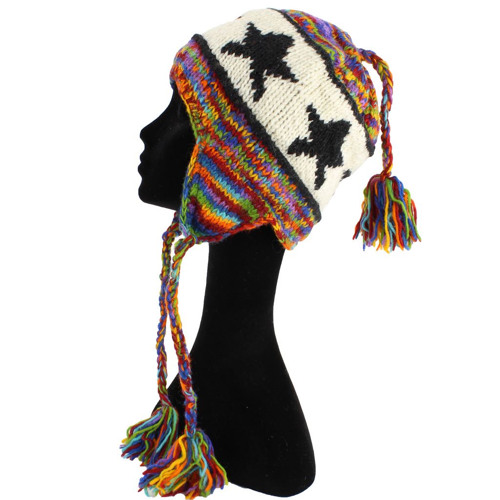 Wool Knit Earflap Tassel Hat - Star Rainbow SD Black