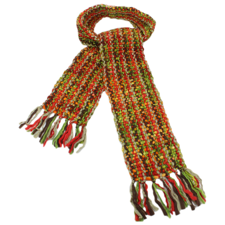 Long Chunky Knit Acrylic Scarf - Green, Red & Beige