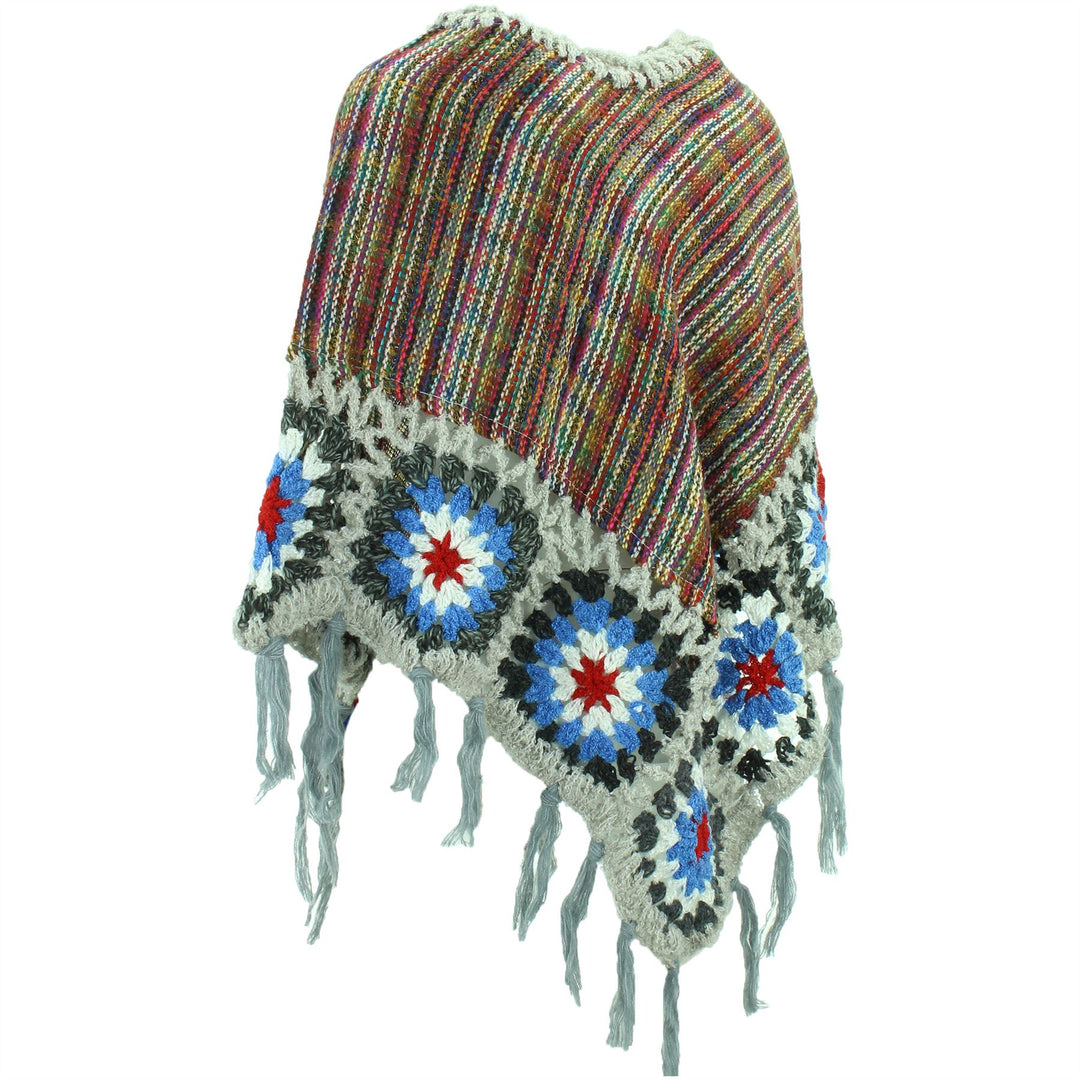 Granny Squares Crochet Poncho Short - Rainbow/Grey