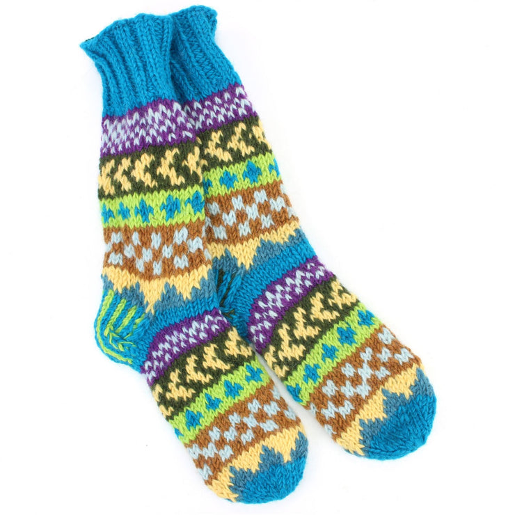 Hand Knitted Wool Slipper Socks Lined - Chevron Blue