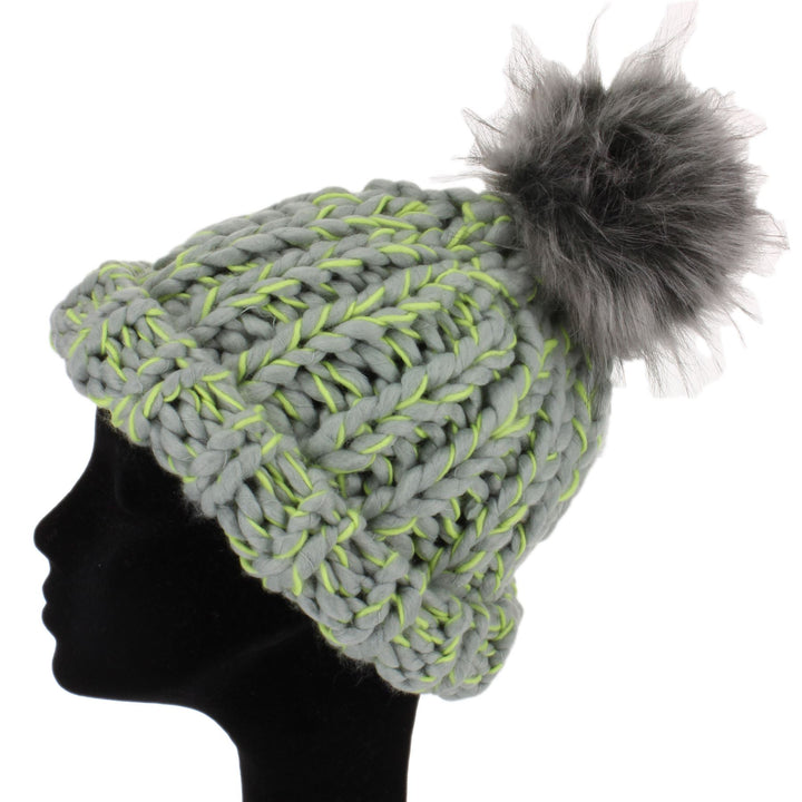 Chunky acrylic knit beanie hat with faux fur bobble - Grey & Green
