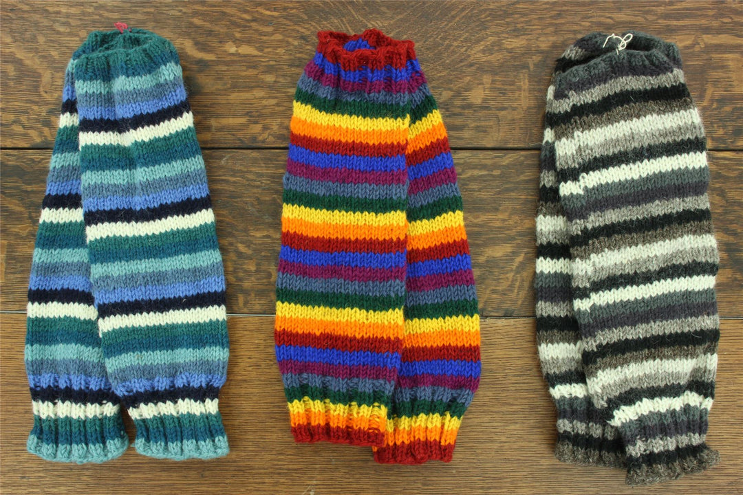 Hand Knitted Wool Leg Warmers - Stripe Greys