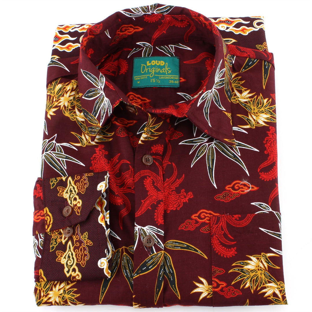 Tailored Fit Long Sleeve Shirt - Maroon Floral Palm