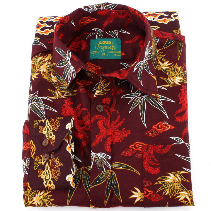 Tailored Fit Long Sleeve Shirt - Maroon Floral Palm