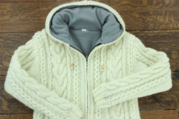 Women's Wool Cable Knit Hooded Jacket - Cream