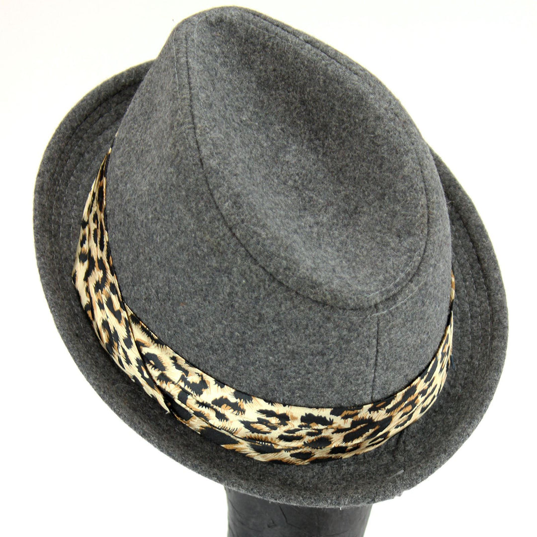 Women's felt rolled brim trilby hat with satin leopard print band - Grey (57cm)