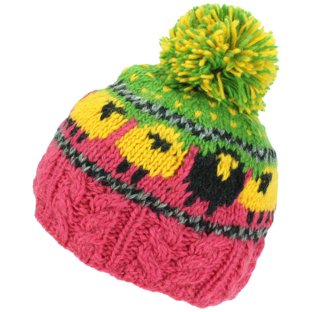 Wool Knit Bobble Beanie Hat - Sheep - Pink Green Yellow