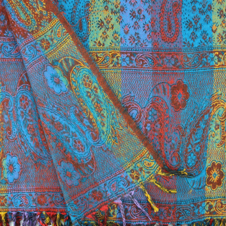 Vegan Wool Shawl Blanket - Paisley Stripe - Bright Blue & Green