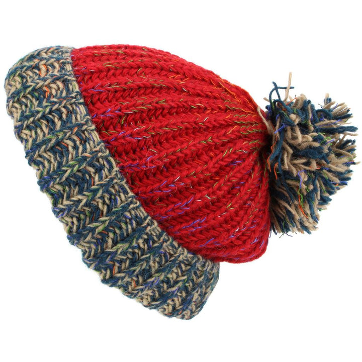 Chunky Wool Knit Baggy Slouch Beanie Hat with Contrast Turn-up and Bobble - Red