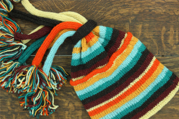 Hand Knitted Beanie Fountain Tassel Hat - Stripe Retro D