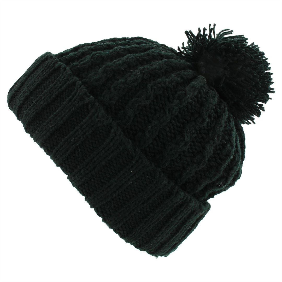 Cable Knit Bobble Beanie Hat - Black