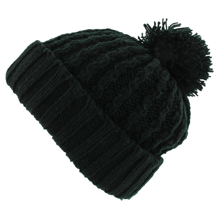 Cable Knit Bobble Beanie Hat - Black