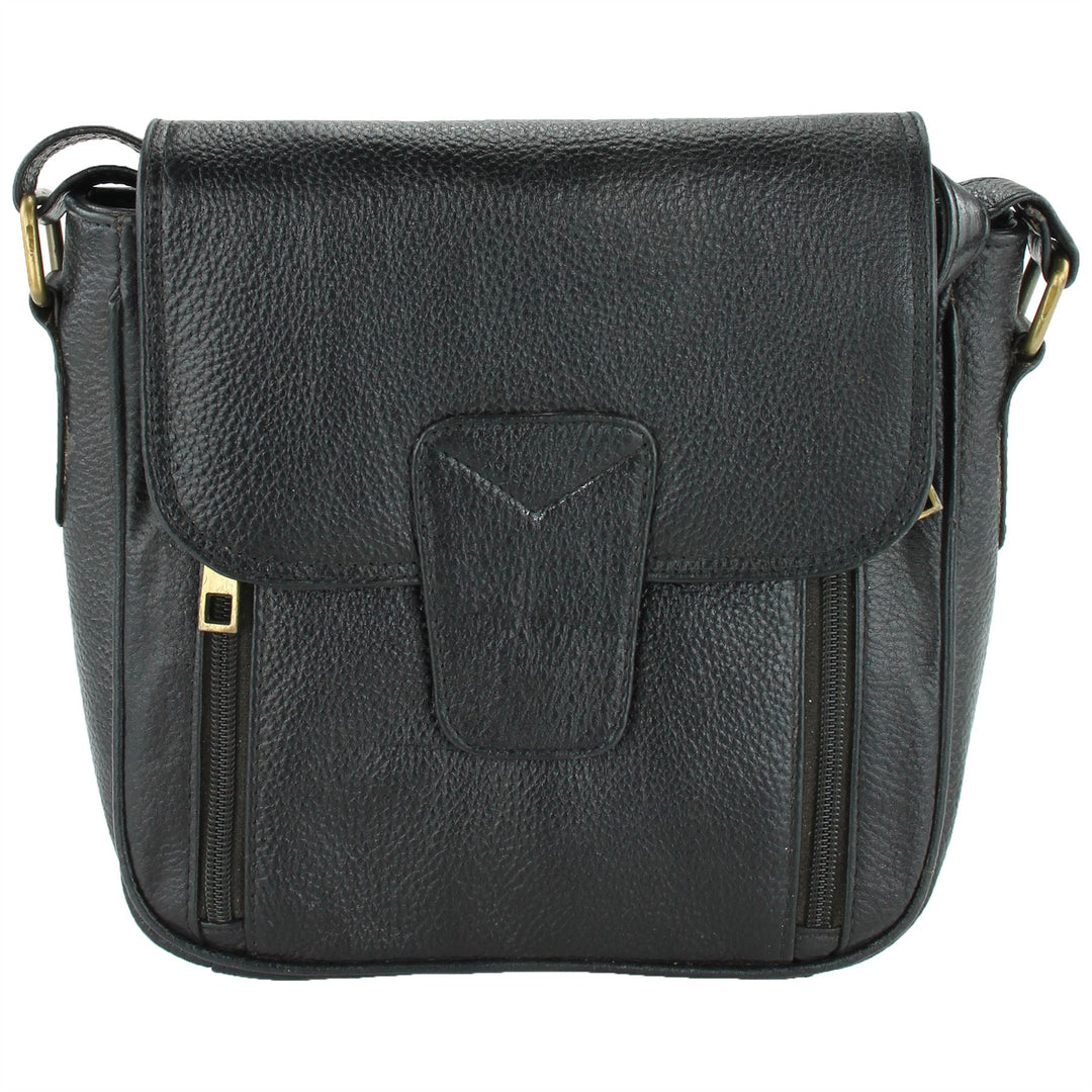 Real Leather Shoulder Bag with Large Extendable Front Pocket - Black
