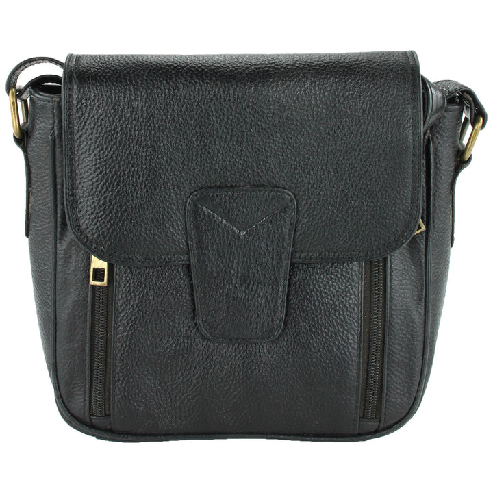 Real Leather Shoulder Bag with Large Extendable Front Pocket - Black
