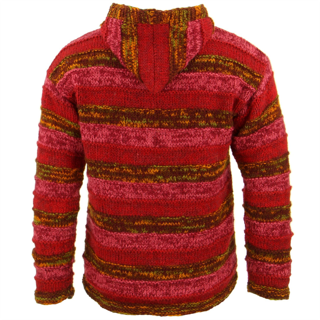 Space Dye Chunky Wool Knit Ribbed Hooded Cardigan Jacket - Red