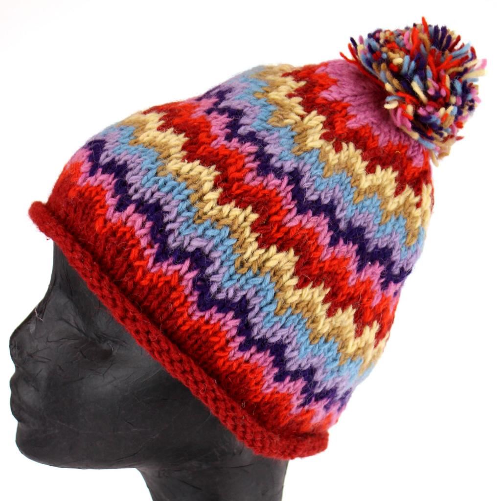 Chunky wool knit 'Zig-Zag' beanie bobble hat - Multicoloured