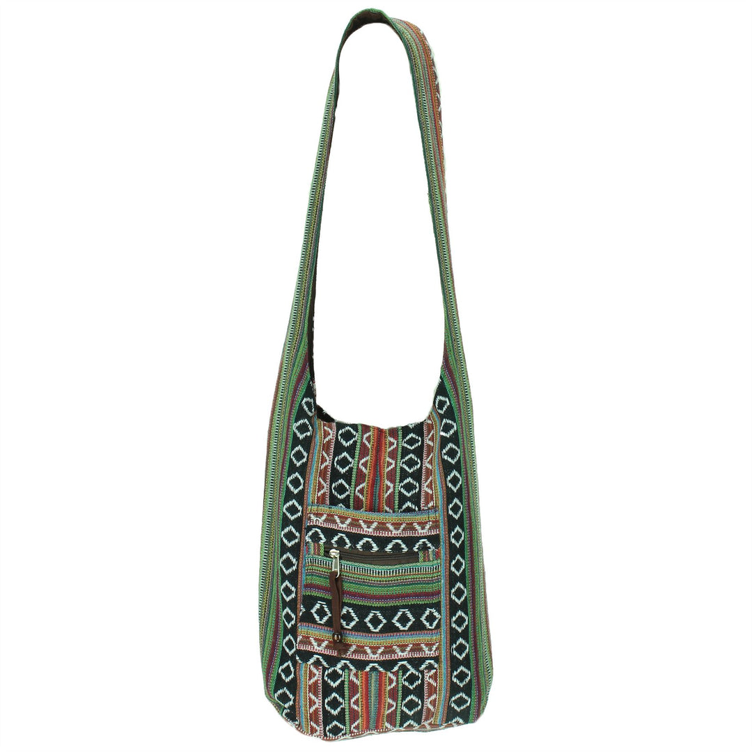 Diamond Pattern Canvas Sling Shoulder Bag - Black Brown