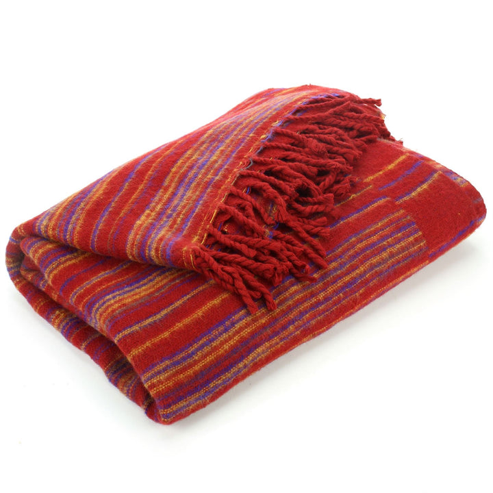 Vegan Wool Shawl Blanket - Stripe - Red Blue Yellow