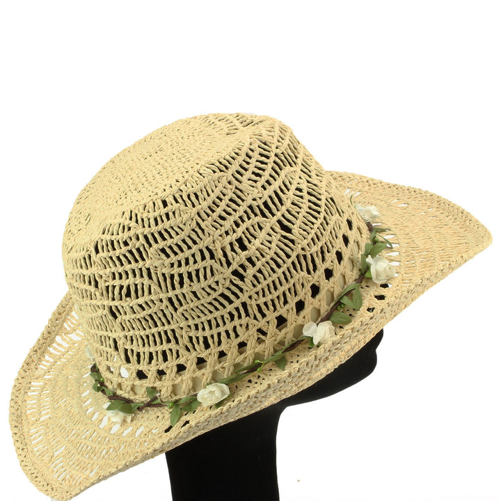 Straw Paper String Cowboy Hat with Flower Garland