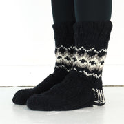 Hand Knitted Wool Slipper Socks Lined - Fairisle Black