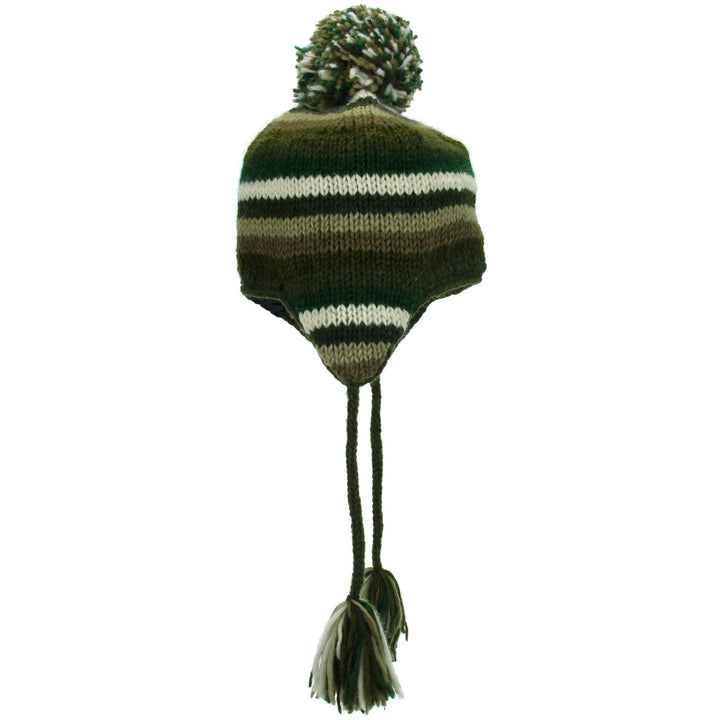 Wool Knit Earflap Bobble Hat - Stripe Green Brown