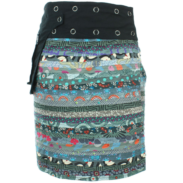 Reversible Popper Wrap Knee Length Skirt - Grey Patch Strips / Spiral Garden