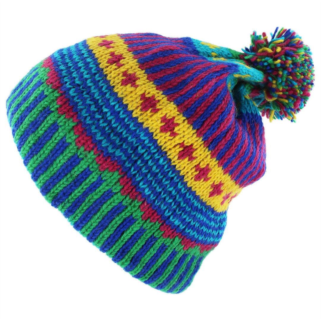 Wool Knit Bobble Beanie Hat - Carnival