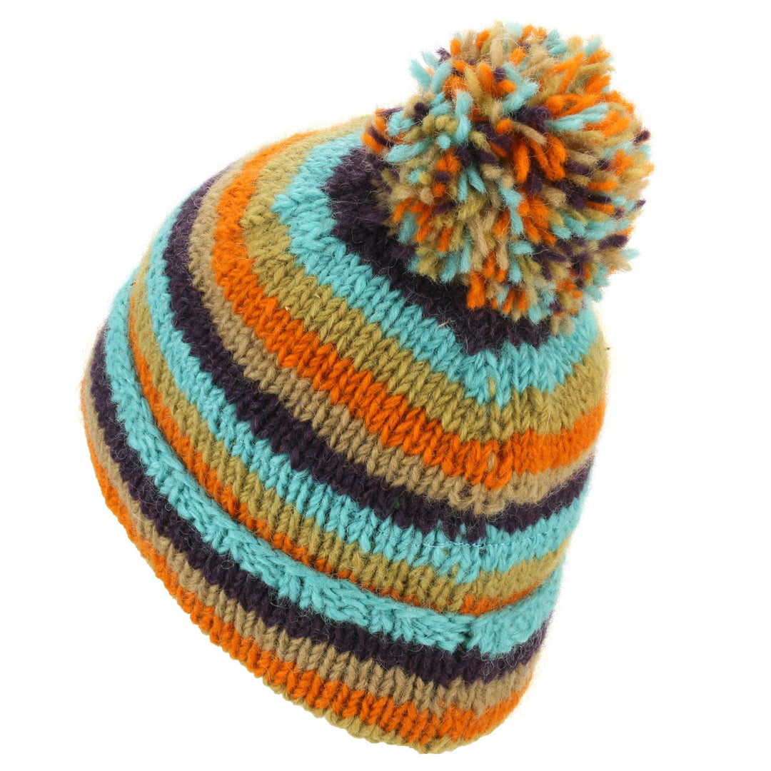 Chunky Wool Knit Beanie Bobble Hat - Stripe Retro A