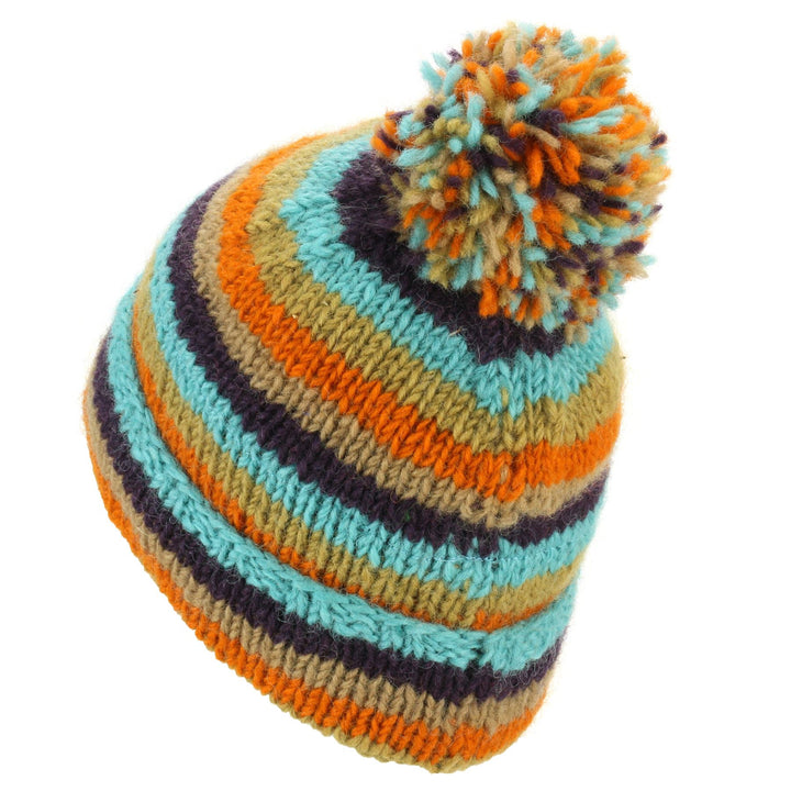 Chunky Wool Knit Beanie Bobble Hat - Stripe Retro A