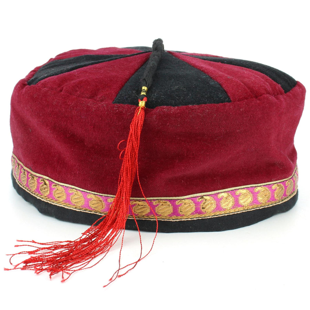 Nepalese Velvet Smoking Hat - Red Black